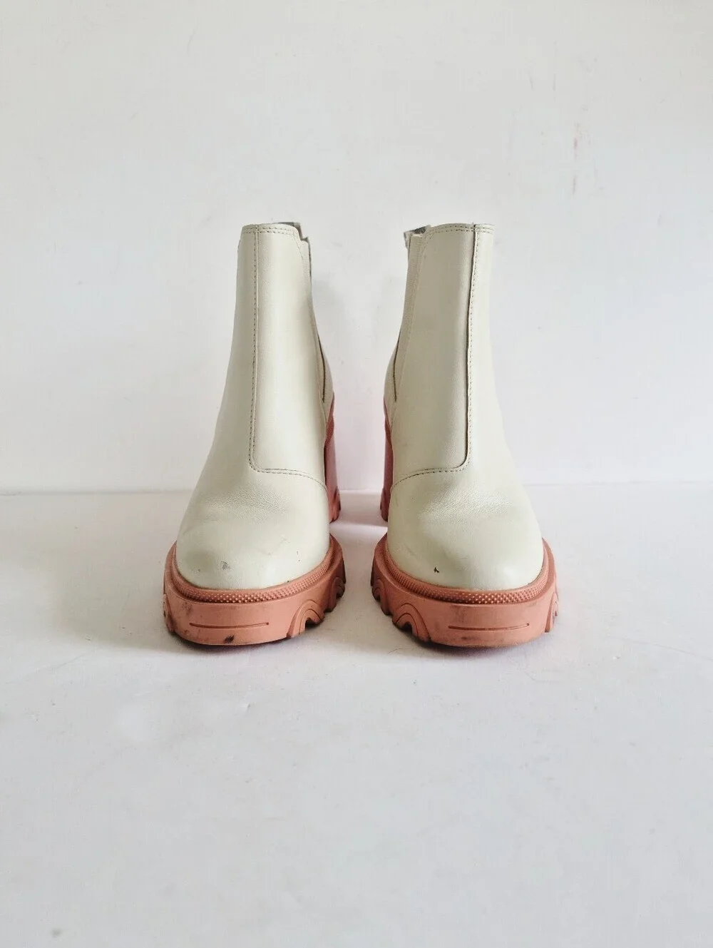 Sorel Brex White Chelsea Natural Pink Waterproof Chunky Heel Boots Size 8.5